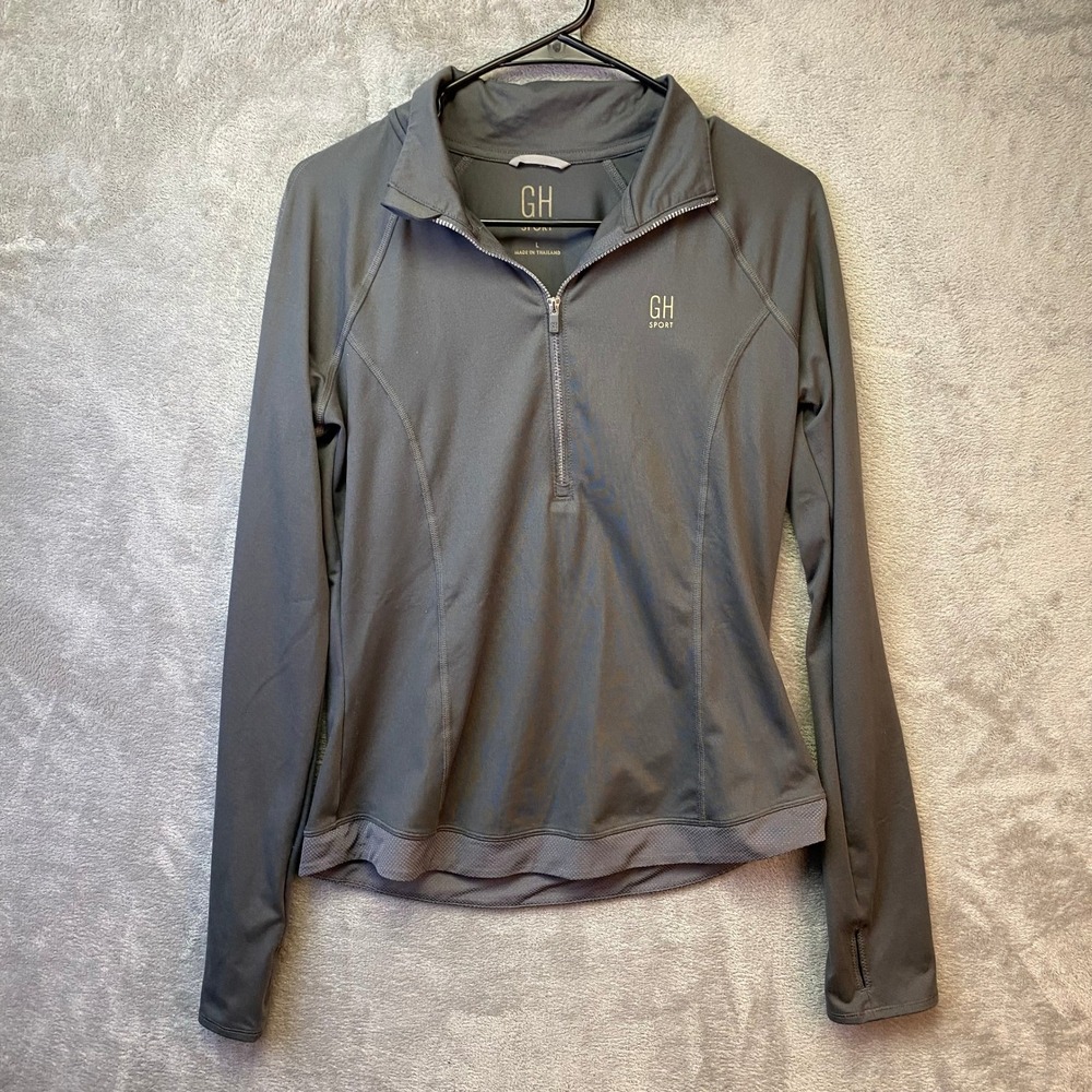 GH Sport Pullover Women Large‎ 1/4 Zip Gray Thumbhole Activewear EUC